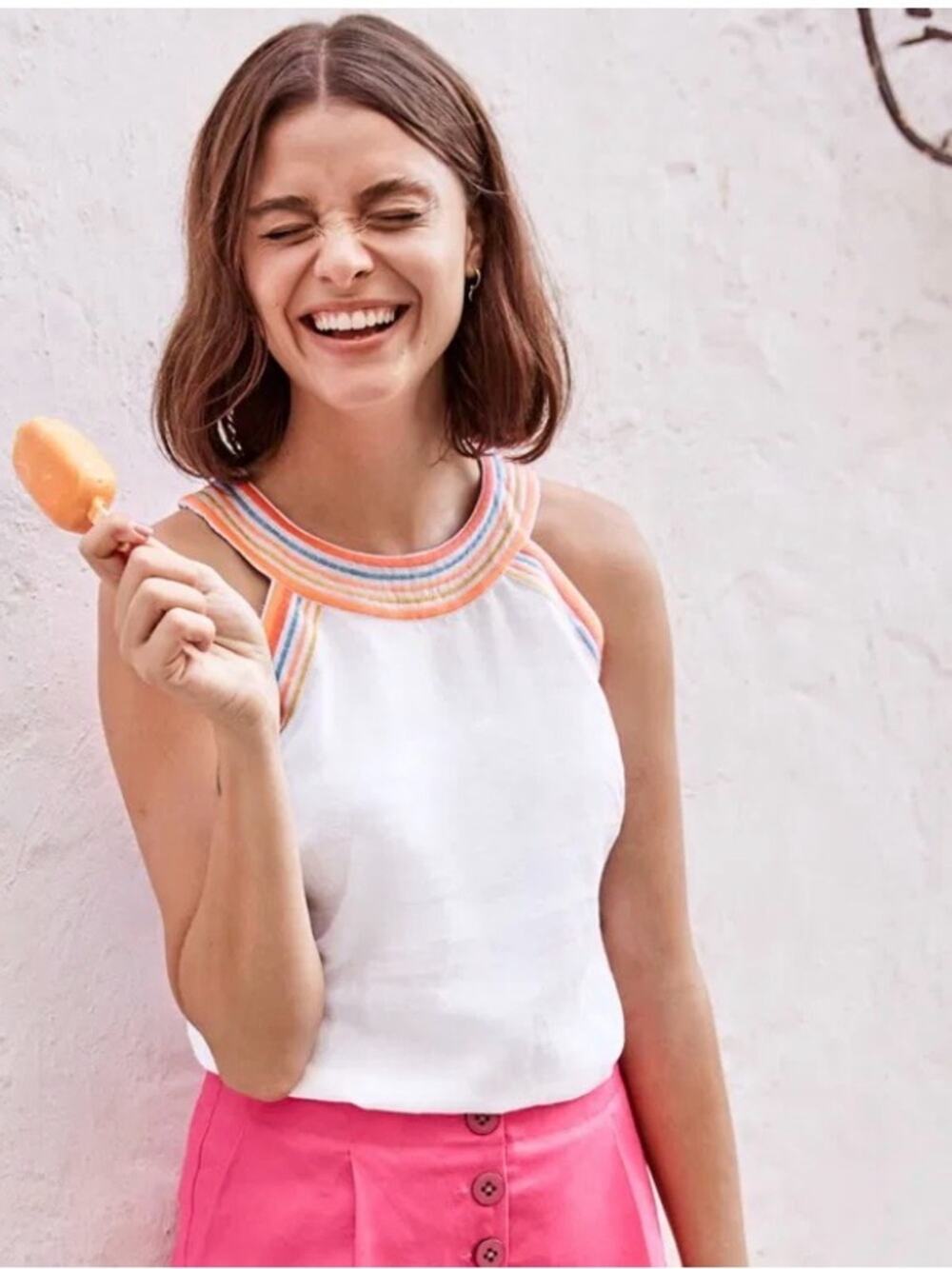Boden White Embroidered Neck Dollie Linen Preppy Tank Top size 6